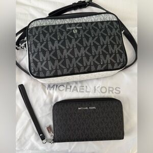 Michael Kors Black,White and silver, Crossbody Bag plus signature logo wallet